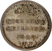 reverse of 32 Rigsbankskilling - Frederik VI (1818 - 1820) coin with KM# 690 from Denmark. Inscription: *32* RIGSBANK SKILLING. 1820. I.F.F