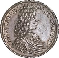 Denmark coin 1 Speciedaler - Christian V (1671) obverse obverse of 1 Speciedaler - Christian V (1671) coin with KM# 318 from Denmark. Inscription: CHRISTIAN:V.D.G.REX.DAN:NOR:VAN:GOT: