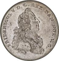 obverse of 1 Rigsdaler - Frederik V - House of Oldenburg (1749) coin with KM# 575 from Denmark. Inscription: FRIDERICUS V.D.G.REX DAN.NOR.V.G