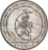 reverse of 1 Rigsdaler - Frederik V - House of Oldenburg (1749) coin with KM# 575 from Denmark. Inscription: TROE LOVE MOD OG HVAD DAN KONGENS GUNST KAND VINDE MENS NORGE KLIPPE HAR MAND SKAL HOS NORDMAND FINDE. 17 6M 49