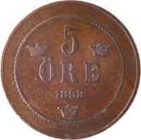reverse of 5 Öre - Oscar II - Large letters (1888 - 1905) coin with KM# 757 from Sweden. Inscription: 5 ORE 1899