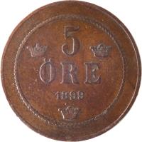 Sweden coin 5 Öre - Oscar II - Large letters (1888 - 1905) reverse reverse of 5 Öre - Oscar II - Large letters (1888 - 1905) coin with KM# 757 from Sweden. Inscription: 5 ORE 1899