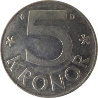 Sweden coin 5 Kronor - Carl XVI Gustaf (1993 - 2009) reverse reverse of 5 Kronor - Carl XVI Gustaf (1993 - 2009) coin with KM# 853a from Sweden. Inscription: 5 * KRONOR *