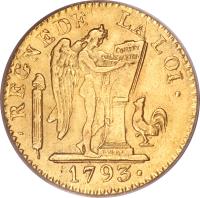 obverse of 24 Livres (1793) coin with KM# 626 from France. Inscription: REGNE DE LA LOI · 1793