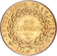France coin 24 Livres (1793) reverse reverse of 24 Livres (1793) coin with KM# 626 from France. Inscription: 24 LIVRES W · REPUBLIQUE FRANÇAISE · · L'AN II ·