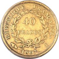 reverse of 40 Francs - Napoleon I (1807) coin with KM# A688 from France. Inscription: RÉPUBLIQUE FRANÇAISE. 40 FRANCS. 1807. A