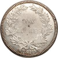 reverse of 10 Livres - Napoleon I (1810) coin with KM# 1 from France. Inscription: DIX LIVRES 1810