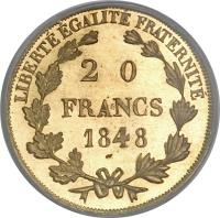 reverse of 20 Francs (1848) coin with KM# Pn82 from France. Inscription: LIBERTÉ ÉGALITÉ FRATERNITÉ 20 FRANCS 1848