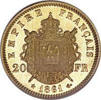 reverse of 20 Francs - Napoleon III (1861) coin with KM# E25 from France.