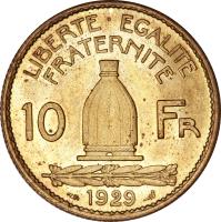reverse of 10 Francs (1929) coin with KM# E45 from France. Inscription: LIBERTE · EGALITE FRATERNITE 10 Fr 1929