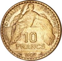 reverse of 10 Francs (1929) coin with KM# E46 from France. Inscription: LIBERTE · EGALITE FRATERNITE 10 FRANCS 1929