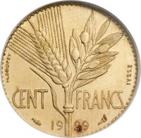 France coin 100 Francs (1929) reverse reverse of 100 Francs (1929) coin with KM# E53 from France. Inscription: H. DROPSY ESSAI CENT FRANCS 1929