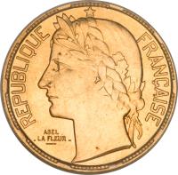 obverse of 100 Francs (1929) coin with KM# E55 from France. Inscription: REPUBLIQUE FRANÇAISE ABEL LA FLEUR