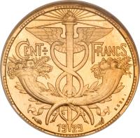 reverse of 100 Francs (1929) coin with KM# E55 from France. Inscription: CENT FRANCS ESSAI 19 29