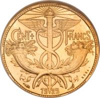 France coin 100 Francs (1929) reverse reverse of 100 Francs (1929) coin with KM# E55 from France. Inscription: CENT FRANCS ESSAI 19 29