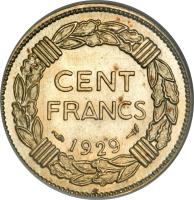 reverse of 100 Francs (1929) coin with KM# E56 from France. Inscription: CENT FRANCS 1929