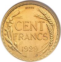 reverse of 100 Francs (1929) coin with KM# E57 from France. Inscription: ESSAI CENT FRANCS 1929