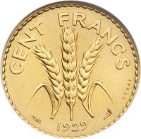 reverse of 100 Francs (1929) coin with KM# E60 from France. Inscription: CENT FRANCS ESSAI 1929