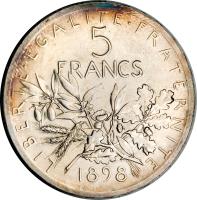reverse of 5 Francs (1898) coin with KM# Pn99 from France. Inscription: 5 FRANCS LIBERTÉ ÉGALITÉ FRATERNITÉ
