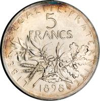 France coin 5 Francs (1898) reverse reverse of 5 Francs (1898) coin with KM# Pn99 from France. Inscription: 5 FRANCS LIBERTÉ ÉGALITÉ FRATERNITÉ