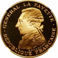 France coin 100 Francs - La Fayette - Gold (1987) obverse obverse of 100 Francs - La Fayette - Gold (1987) coin with KM# 962b from France. Inscription: · GÉNÉRAL LA FAYETTE · RÉPUBLIQUE FRANÇAISE