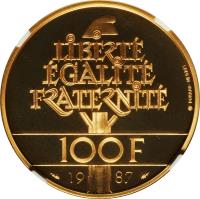 reverse of 100 Francs - La Fayette - Gold (1987) coin with KM# 962b from France. Inscription: LIBERTÉ ÉGALITÉ FRATERNITÉ 100 F 19 87