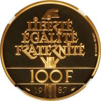 France coin 100 Francs - La Fayette - Gold (1987) reverse reverse of 100 Francs - La Fayette - Gold (1987) coin with KM# 962b from France. Inscription: LIBERTÉ ÉGALITÉ FRATERNITÉ 100 F 19 87