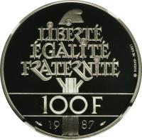 reverse of 100 Francs - La Fayette - Palladium (1987) coin with KM# 962d from France. Inscription: LIBERTÉ ÉGALITÉ FRATERNITÉ 100 F 19 87