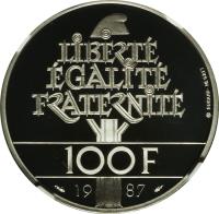 France coin 100 Francs - La Fayette - Palladium (1987) reverse reverse of 100 Francs - La Fayette - Palladium (1987) coin with KM# 962d from France. Inscription: LIBERTÉ ÉGALITÉ FRATERNITÉ 100 F 19 87