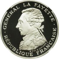 obverse of 100 Francs - 230th Anniversary of the Birth of La Fayette - La Fayette Platinum Issue (1987) coin with KM# 962c from France. Inscription: · GÉNÉRAL LA FAYETTE · RÉPUBLIQUE FRANÇAISE