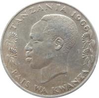 obverse of 1 Shilingi (1966 - 1984) coin with KM# 4 from Tanzania. Inscription: TANZANIA 1975 RAIS WA KWANZA