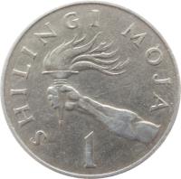 reverse of 1 Shilingi (1966 - 1984) coin with KM# 4 from Tanzania. Inscription: SHILINGI MOJA 1