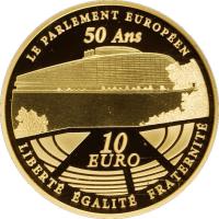 reverse of 10 Euro - European Parliament (2008) coin with KM# 1533 from France. Inscription: LE PARLEMENT EUROPÉEN 50 Ans 10 EURO LIBERTÉ ÉGALITÉ FRATERNITÉ