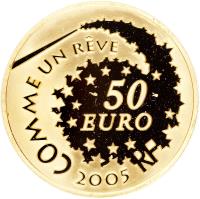 obverse of 50 Euro - Hello Kitty (2005) coin with KM# 1430 from France. Inscription: COMME UN RÊVE 50 EURO 2005 RF