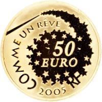 France coin 50 Euro - Hello Kitty (2005) obverse obverse of 50 Euro - Hello Kitty (2005) coin with KM# 1430 from France. Inscription: COMME UN RÊVE 50 EURO 2005 RF
