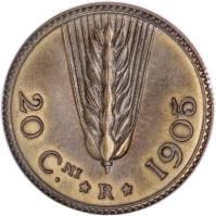 reverse of 20 Centesimi - Vittorio Emanuele III (1905) coin with KM# Pn7 from Italy. Inscription: 20 C.MI * R * 1905