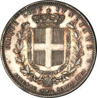 reverse of 5 Lire - Vittorio Emanuele II - Unification of Italy (1861) coin with KM# 7 from Italy. Inscription: CINQUE LIRE ITALIANE FIRENZE MARZO 1861