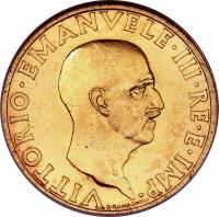 obverse of 100 Lire - Vittorio Emanuele III (1936) coin with KM# 83 from Italy. Inscription: VITTORIO · EMANUELE · III · RE · E · IMP · G · ROMAGNOLI