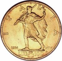 Italy coin 100 Lire - Vittorio Emanuele III (1936) reverse reverse of 100 Lire - Vittorio Emanuele III (1936) coin with KM# 83 from Italy. Inscription: ITALIA 1936 XIV R LIRE 100