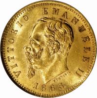 obverse of 5 Lire - Vittorio Emanuele II (1863 - 1865) coin with KM# 17 from Italy. Inscription: VITTORIO EMANUELE II RE D'ITALIA FERRARIS