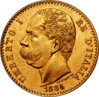obverse of 50 Lire - Umberto I (1884 - 1891) coin with KM# 25 from Italy. Inscription: UMBERTO I RE D'ITALIA SPERANZA 1884
