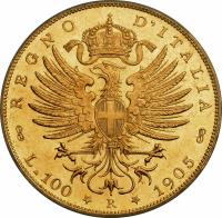 reverse of 100 Lire - Vittorio Emanuele III (1903 - 1905) coin with KM# 39 from Italy. Inscription: REGNO D'ITALIA L.100 R 1905