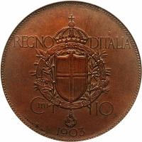 reverse of 10 Centesimi - Vittorio Emanuele III (1903) coin with KM# Pn2 from Italy. Inscription: REGNO D'ITALIA C.MI 10 JOHNSON & INC. 1903