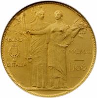 reverse of 100 Lire - Vittorio Emanuele III (1903) coin with KM# Pn6 from Italy. Inscription: REGNO D'ITALIA MCMIII L. 100 JOHNSON & INC
