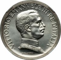 obverse of 5 Lire - Vittorio Emanuele III (1914) coin with KM# Pr21 from Italy. Inscription: VITTORIO EMANELE III RE D'ITALIA D. CALANDRA