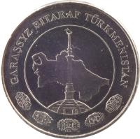 obverse of 5 Teňňe (2009) coin with KM# 97 from Turkmenistan. Inscription: GARAŞSYZ BITARAP TÜRKMENISTAN