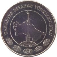 Turkmenistan coin 5 Teňňe (2009) obverse obverse of 5 Teňňe (2009) coin with KM# 97 from Turkmenistan. Inscription: GARAŞSYZ BITARAP TÜRKMENISTAN