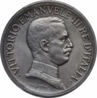 obverse of 5 Lire - Vittorio Emanuele III (1914) coin with KM# Pr22 from Italy. Inscription: VITTORIO EMANELE III RE D'ITALIA D. CALANDRA