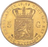 Netherlands coin 5 Gulden - Willem II (1843) reverse reverse of 5 Gulden - Willem II (1843) coin with KM# 72 from Netherlands.