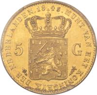 reverse of 5 Gulden - Willem II (1843) coin with KM# 72 from Netherlands.